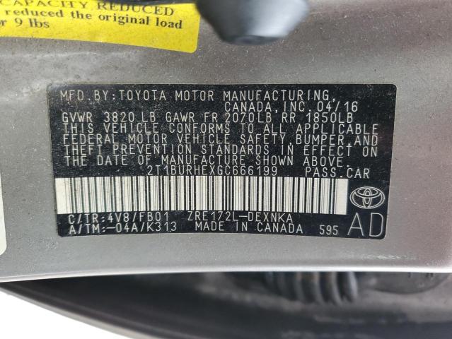 2T1BURHEXGC666199 - 2016 TOYOTA COROLLA L GRAY photo 13