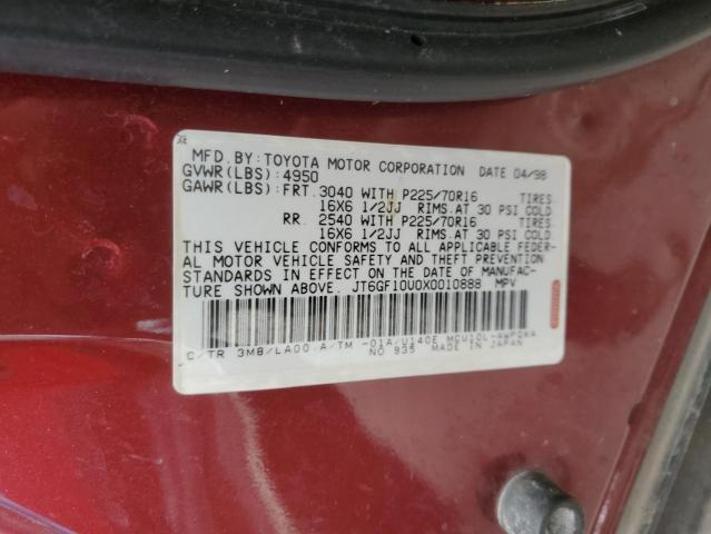 JT6GF10U0X0010888 - 1999 LEXUS RX 300 MAROON photo 13