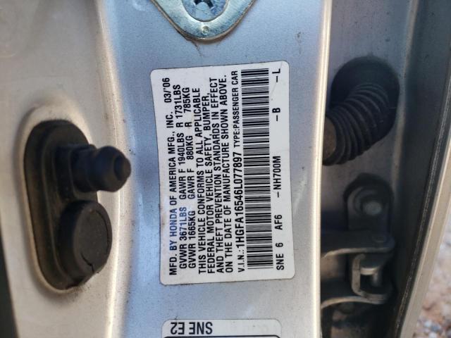 1HGFA16546L077897 - 2006 HONDA CIVIC LX SILVER photo 12