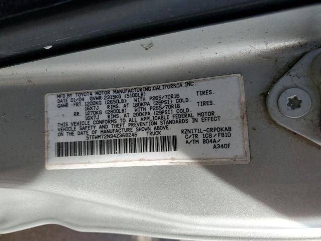 5TEWM72N94Z368246 - 2004 TOYOTA TACOMA XTRACAB SILVER photo 12