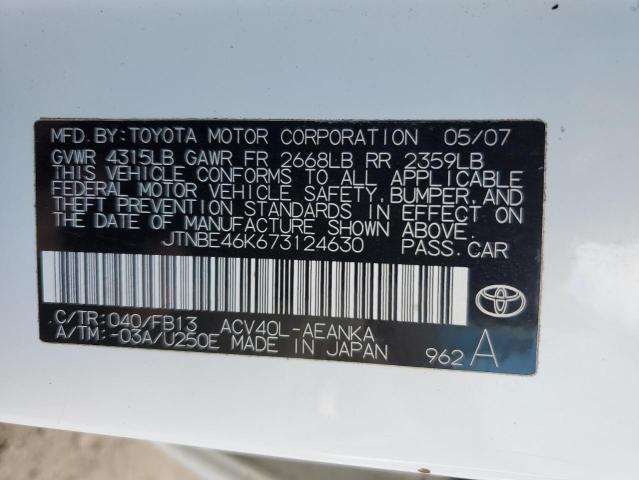 JTNBE46K673124630 - 2007 TOYOTA CAMRY CE WHITE photo 12