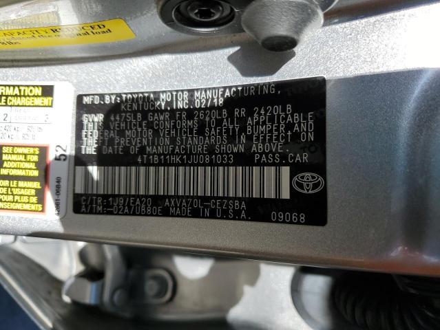 4T1B11HK1JU081033 - 2018 TOYOTA CAMRY L SILVER photo 12