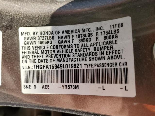 1HGFA16949L019621 - 2009 HONDA CIVIC EXL ნაცრისფერი ფოტო 13