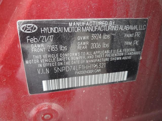 5NPD74LF1HH195321 - 2017 HYUNDAI ELANTRA SE RED photo 12