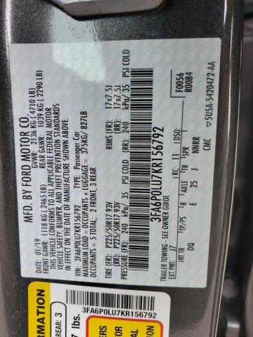 3FA6P0LU7KR156792 - 2019 FORD FUSION SE GRAY photo 12