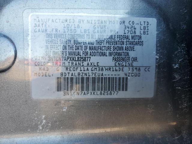 3N1CN7APXKL825877 - 2019 NISSAN VERSA S GRAY photo 13