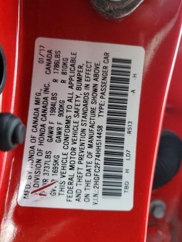 2HGFC2F74HH514458 - 2017 HONDA CIVIC EX RED photo 12