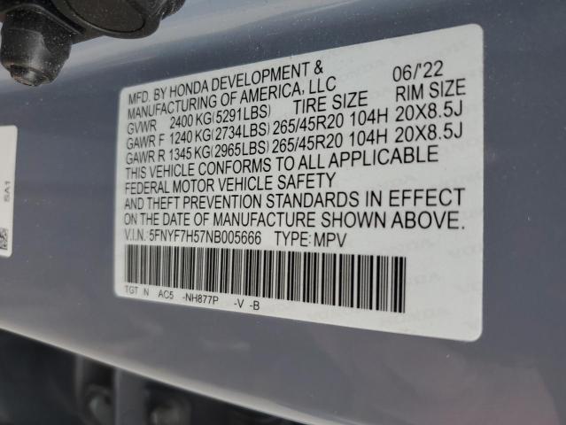 5FNYF7H57NB005666 - 2022 HONDA PASSPORT EXL BLUE photo 14