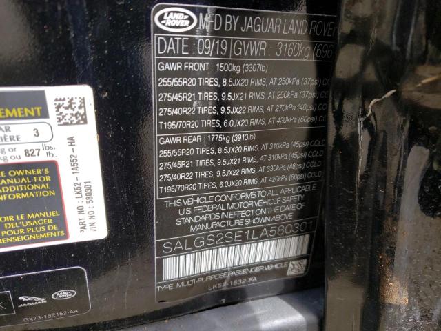 SALGS2SE1LA580301 - 2020 LAND ROVER RANGE ROVE P525 HSE BLACK photo 12