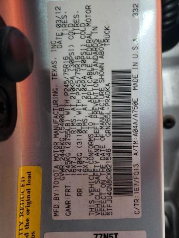 5TFJU4GN8CX021546 - 2012 TOYOTA TACOMA DOUBLE CAB PRERUNNER SILVER photo 12