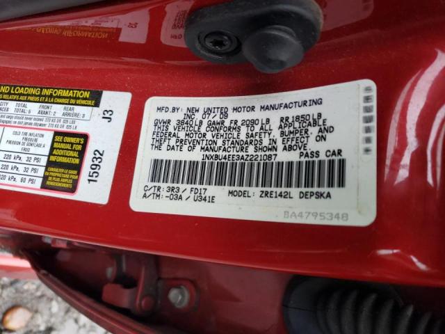 1NXBU4EE3AZ221087 - 2010 TOYOTA COROLLA BASE RED photo 12