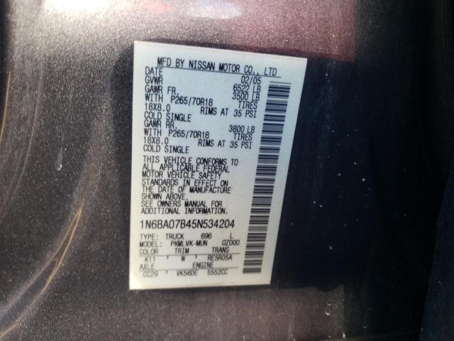 1N6BA07B45N534204 - 2005 NISSAN TITAN XE GRAY photo 12