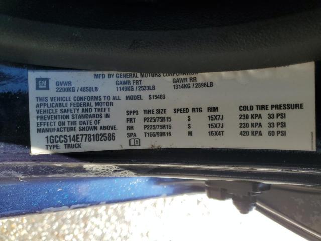 1GCCS14E778102586 - 2007 CHEVROLET COLORADO BLUE photo 12