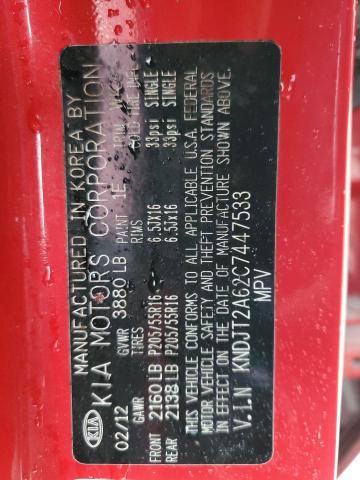KNDJT2A62C7447533 - 2012 KIA SOUL + RED photo 12