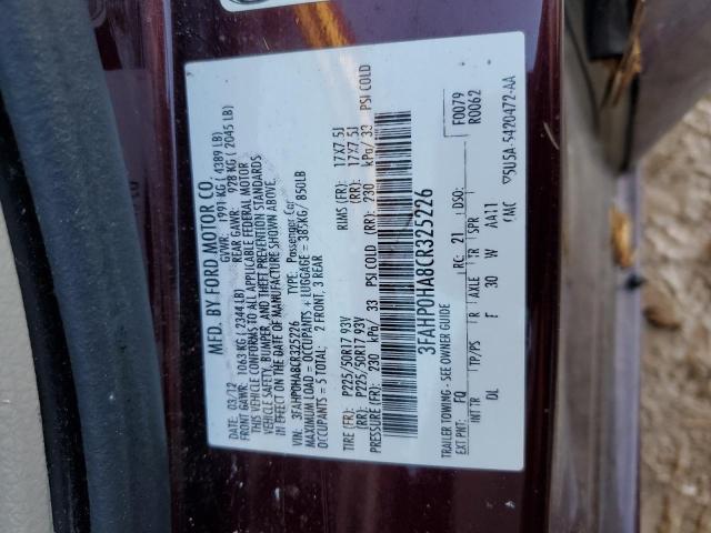 3FAHP0HA8CR325226 - 2012 FORD FUSION SE MAROON photo 13