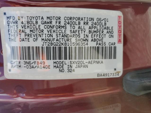 JT2BG22K810596354 - 2001 TOYOTA CAMRY CE MAROON photo 13