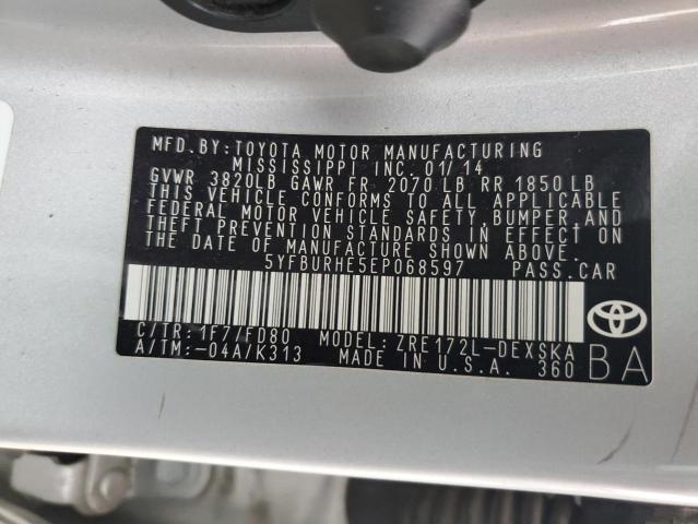 5YFBURHE5EP068597 - 2014 TOYOTA COROLLA L SILVER photo 13