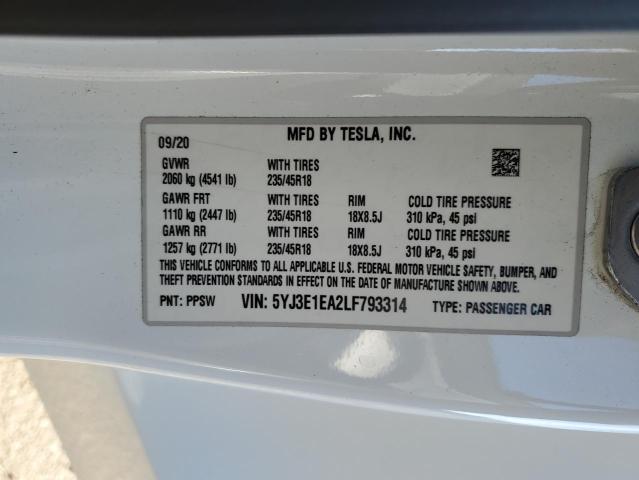 5YJ3E1EA2LF793314 - 2020 TESLA MODEL 3 WHITE photo 13