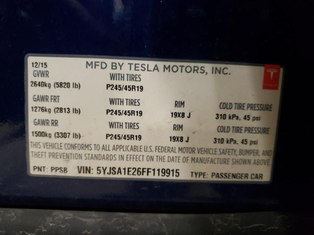 5YJSA1E26FF119915 - 2015 TESLA MODEL S Mavi foto 12