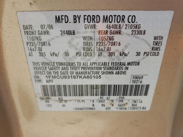 1FMCU93197KA60105 - 2007 FORD ESCAPE XLT GOLD photo 13