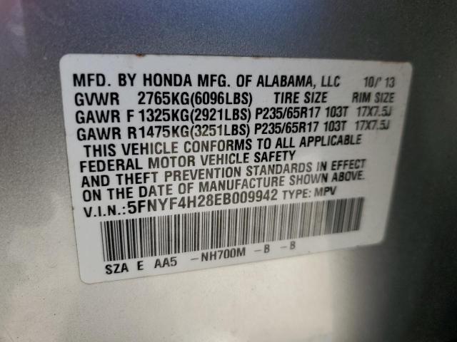 5FNYF4H28EB009942 - 2014 HONDA PILOT LX SILVER photo 12