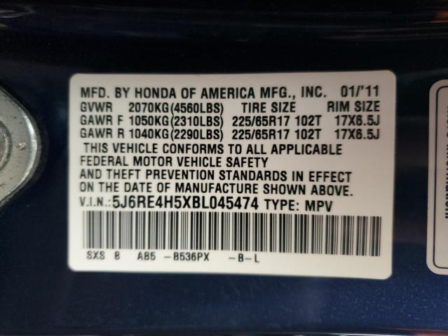 5J6RE4H5XBL045474 - 2011 HONDA CR-V EX BLUE photo 13