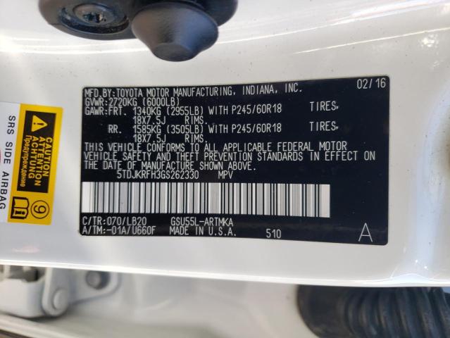 5TDJKRFH3GS262330 - 2016 TOYOTA HIGHLANDER XLE WHITE photo 13