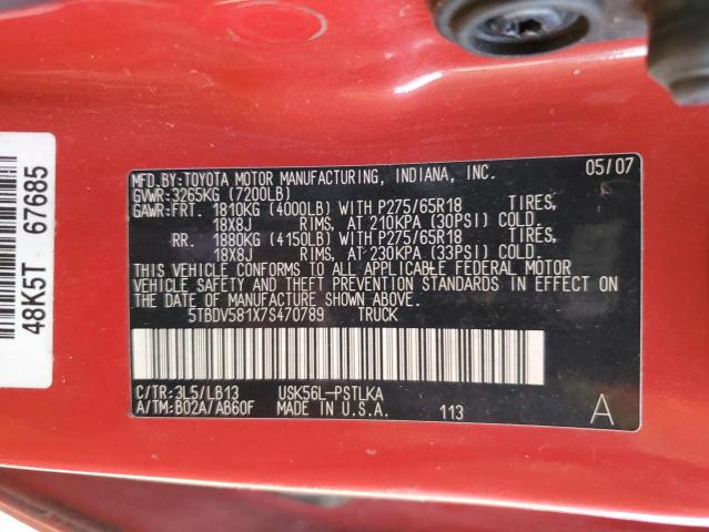 5TBDV581X7S470789 - 2007 TOYOTA TUNDRA CREWMAX LIMITED RED photo 12