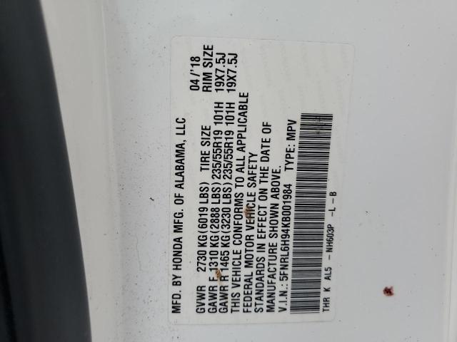 5FNRL6H94KB001984 - 2019 HONDA ODYSSEY ELITE Weiß Foto 13