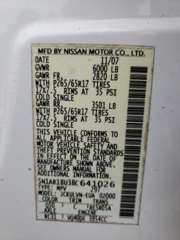 5N1AR18U38C641026 - 2008 NISSAN PATHFINDER S 白色 照片 13