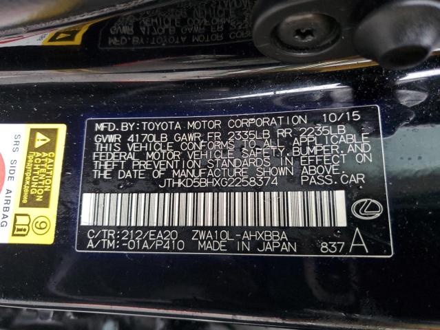 JTHKD5BHXG2258374 - 2016 LEXUS CT 200 BLACK photo 13