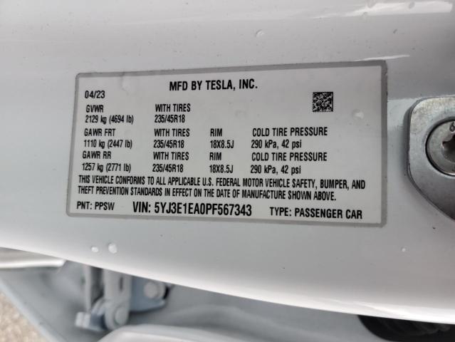 5YJ3E1EA0PF567343 - 2023 TESLA MODEL 3 WHITE photo 12