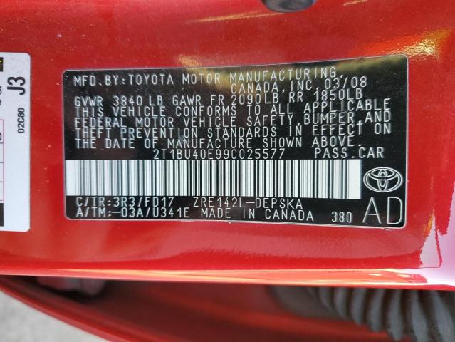 2T1BU40E99C025577 - 2009 TOYOTA COROLLA BASE RED photo 12