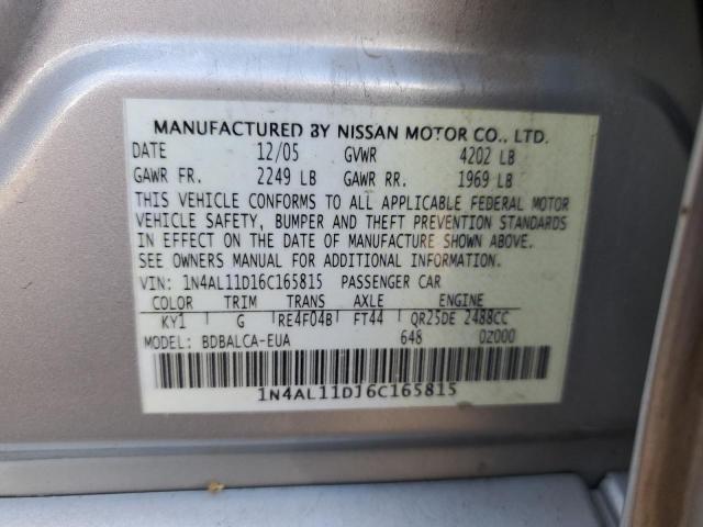 1N4AL11D16C165815 - 2006 NISSAN ALTIMA S SILVER photo 12