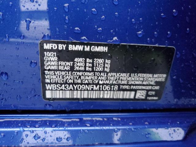 WBS43AY09NFM10618 - 2022 BMW M3 COMPETITION BLUE photo 12