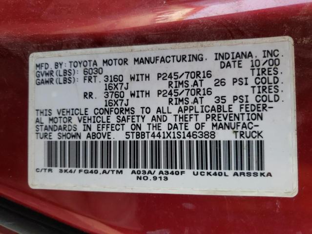 5TBBT441X1S146388 - 2001 TOYOTA TUNDRA ACCESS CAB მუქწითელი ფოტო 12