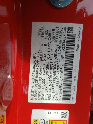 2HGFE2F53NH560819 - 2022 HONDA CIVIC SPORT 红色 照片 12