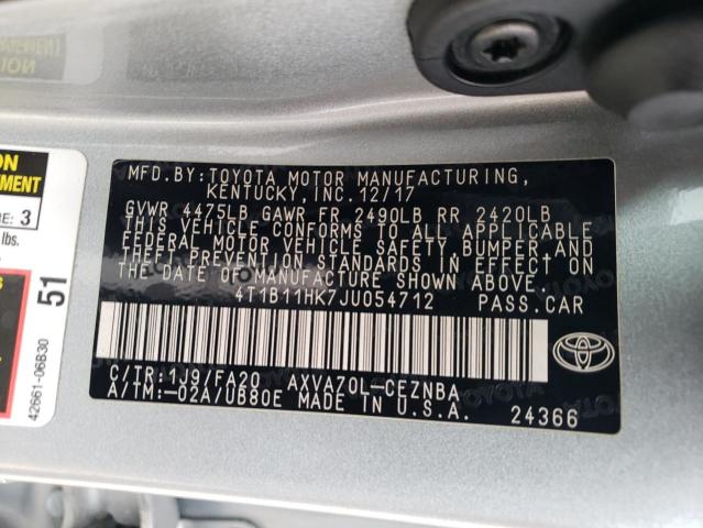 4T1B11HK7JU054712 - 2018 TOYOTA CAMRY L SILVER photo 12