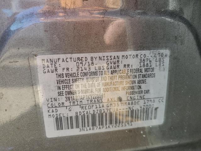 3N1AB7AP1KY225591 - 2019 NISSAN SENTRA S GRAY photo 12