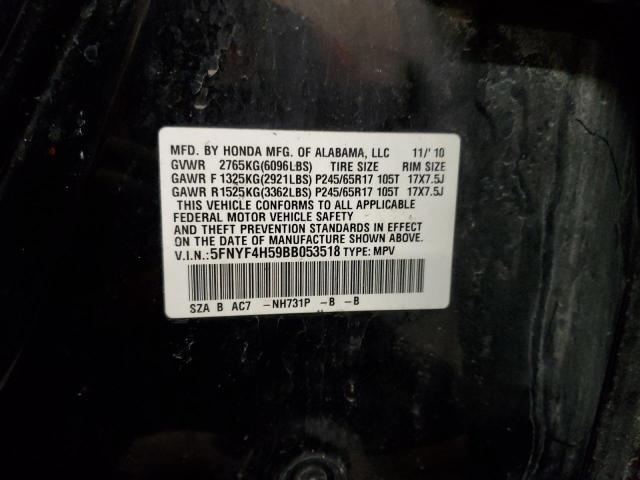 5FNYF4H59BB053518 - 2011 HONDA PILOT EXL BLACK photo 12