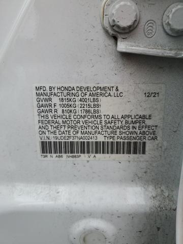 19UDE2F37NA002413 - 2022 ACURA ILX WHITE photo 13