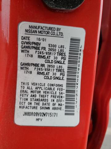 JN8DR09Y02W715171 - 2002 NISSAN PATHFINDER LE Կարմիր լուսանկար 13