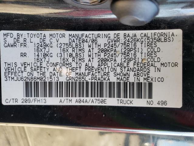 3TMJU62N86M021513 - 2006 TOYOTA TACOMA DOUBLE CAB PRERUNNER BLACK photo 12