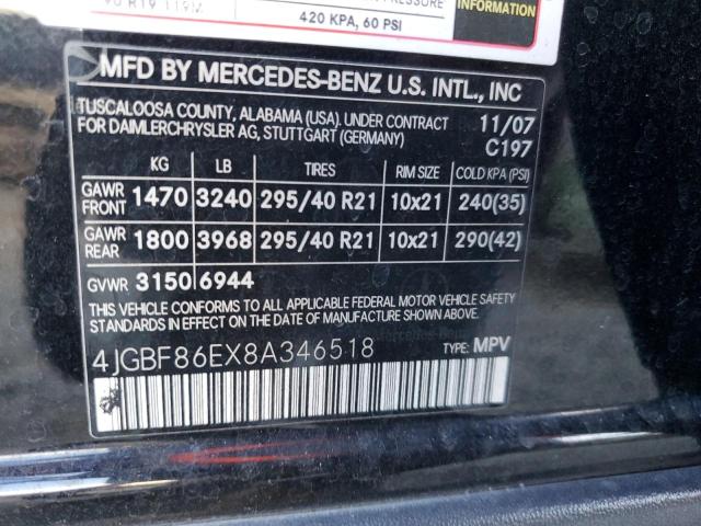 4JGBF86EX8A346518 - 2008 MERCEDES-BENZ GL 550 4MATIC BLACK photo 12