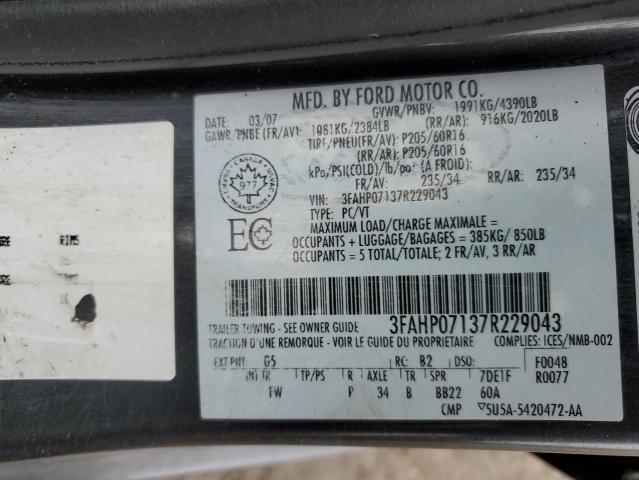 3FAHP07137R229043 - 2007 FORD FUSION SE BLACK photo 12