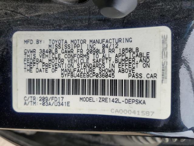 5YFBU4EE9CP036045 - 2012 TOYOTA COROLLA BASE CHARCOAL photo 13