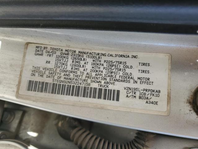 5TEGN92N53Z247158 - 2003 TOYOTA TACOMA DOUBLE CAB PRERUNNER SILVER photo 12