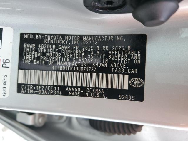 4T1BD1FK1DU071777 - 2013 TOYOTA CAMRY HYBRID SILVER photo 12