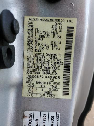 1N6BD06T25C449908 - 2005 NISSAN FRONTIER KING CAB XE SILVER photo 12