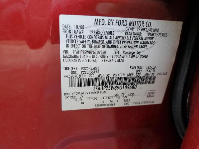 1FAHP25W89G109680 - 2009 FORD TAURUS LIMITED RED photo 12
